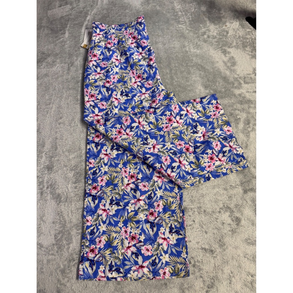 Land n Sea Blue Tropical Floral Linen Blend Wide Leg Crop Pants NWT 312S9620HA
